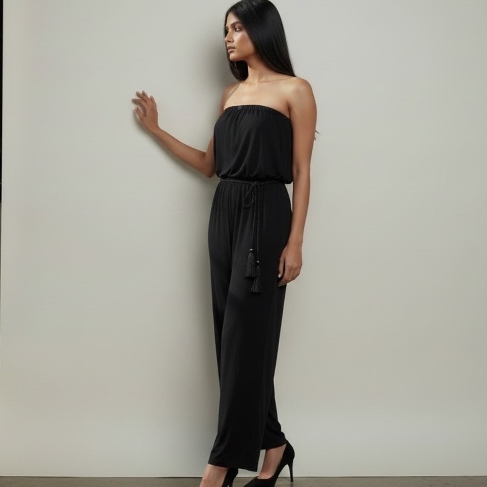 Ariella Black Strapless Jumpsuit Women L Wide Leg Tassel Belt Event Formal Glam